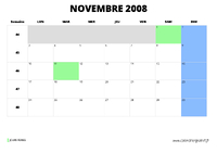 calendrier novembre 2008 au format paysage