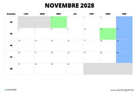 calendrier novembre 2028 au format paysage