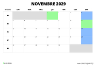calendrier novembre 2029 au format paysage
