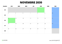 calendrier novembre 2030 au format paysage