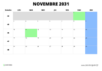 calendrier novembre 2031 au format paysage