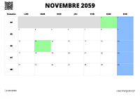 calendrier novembre 2059 au format paysage