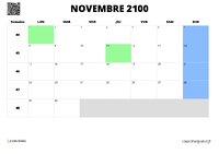 calendrier novembre 2100 au format paysage
