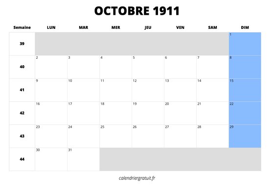 calendrier octobre 1911 calendrier octobre 1911 au format paysage