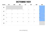 calendrier octobre 1931 au format paysage