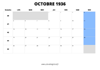 calendrier octobre 1936 au format paysage