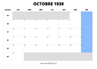 calendrier octobre 1938 au format paysage