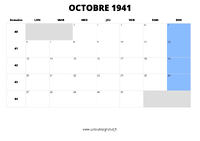 calendrier octobre 1941 au format paysage