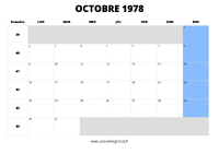 calendrier octobre 1978 au format paysage