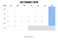 calendrier octobre 1979 au format paysage