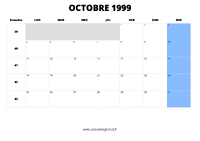calendrier octobre 1999 au format paysage
