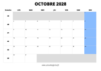 calendrier octobre 2028 au format paysage