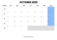 calendrier octobre 2029 au format paysage