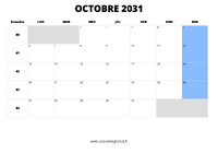 calendrier octobre 2031 au format paysage
