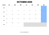 calendrier octobre 2035 au format paysage