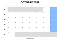 calendrier octobre 2089 calendrier octobre 2089 au format paysage
