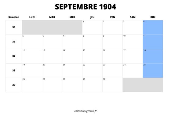 calendrier septembre 1904 au format paysage