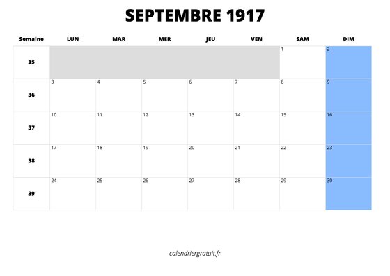 calendrier septembre 1917 au format paysage