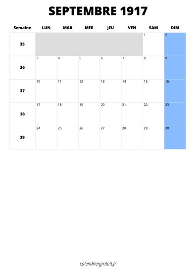 calendrier septembre 1917 format portrait