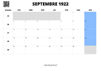 calendrier septembre 1922 au format paysage