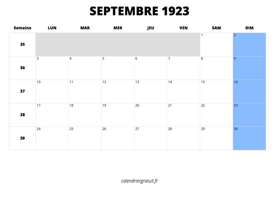 calendrier septembre 1923 au format paysage