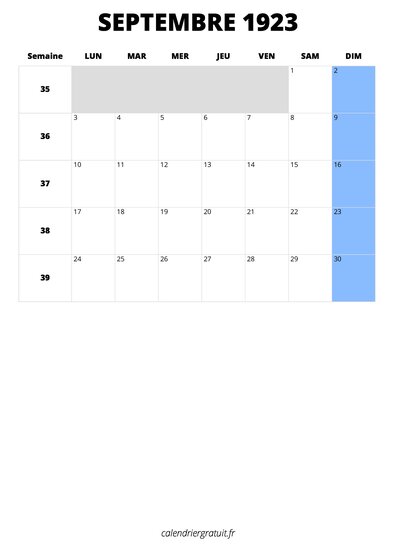 calendrier septembre 1923 format portrait