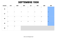 calendrier septembre 1930 au format paysage
