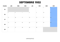 calendrier septembre 1932 au format paysage