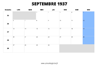 calendrier septembre 1937 au format paysage