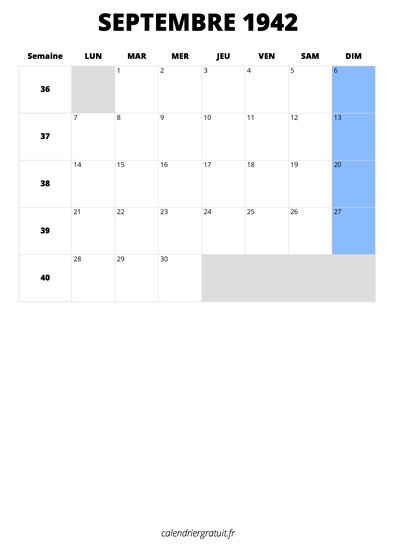 calendrier septembre 1942 format portrait