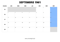 calendrier septembre 1961 au format paysage