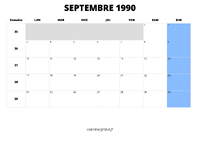 calendrier septembre 1990 au format paysage