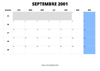 calendrier septembre 2001 au format paysage
