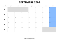 calendrier septembre 2005 au format paysage