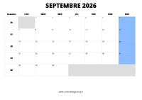 calendrier septembre 2026 au format paysage