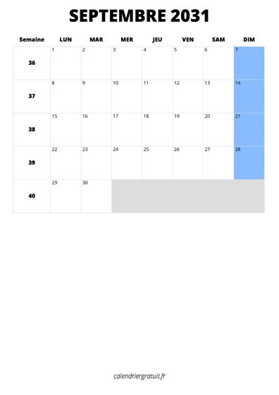 calendrier septembre 2031 format portrait