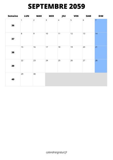 calendrier septembre 2059 format portrait