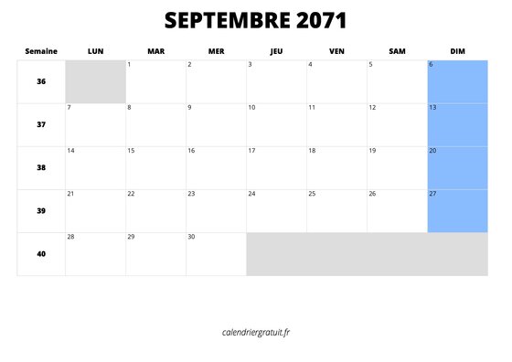 calendrier septembre 2071 au format paysage