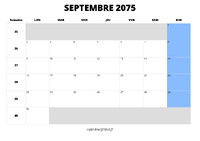 calendrier septembre 2075 au format paysage