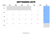 calendrier septembre 2079 au format paysage