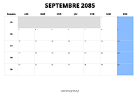 calendrier septembre 2085 au format paysage
