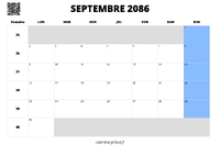 calendrier septembre 2086 au format paysage