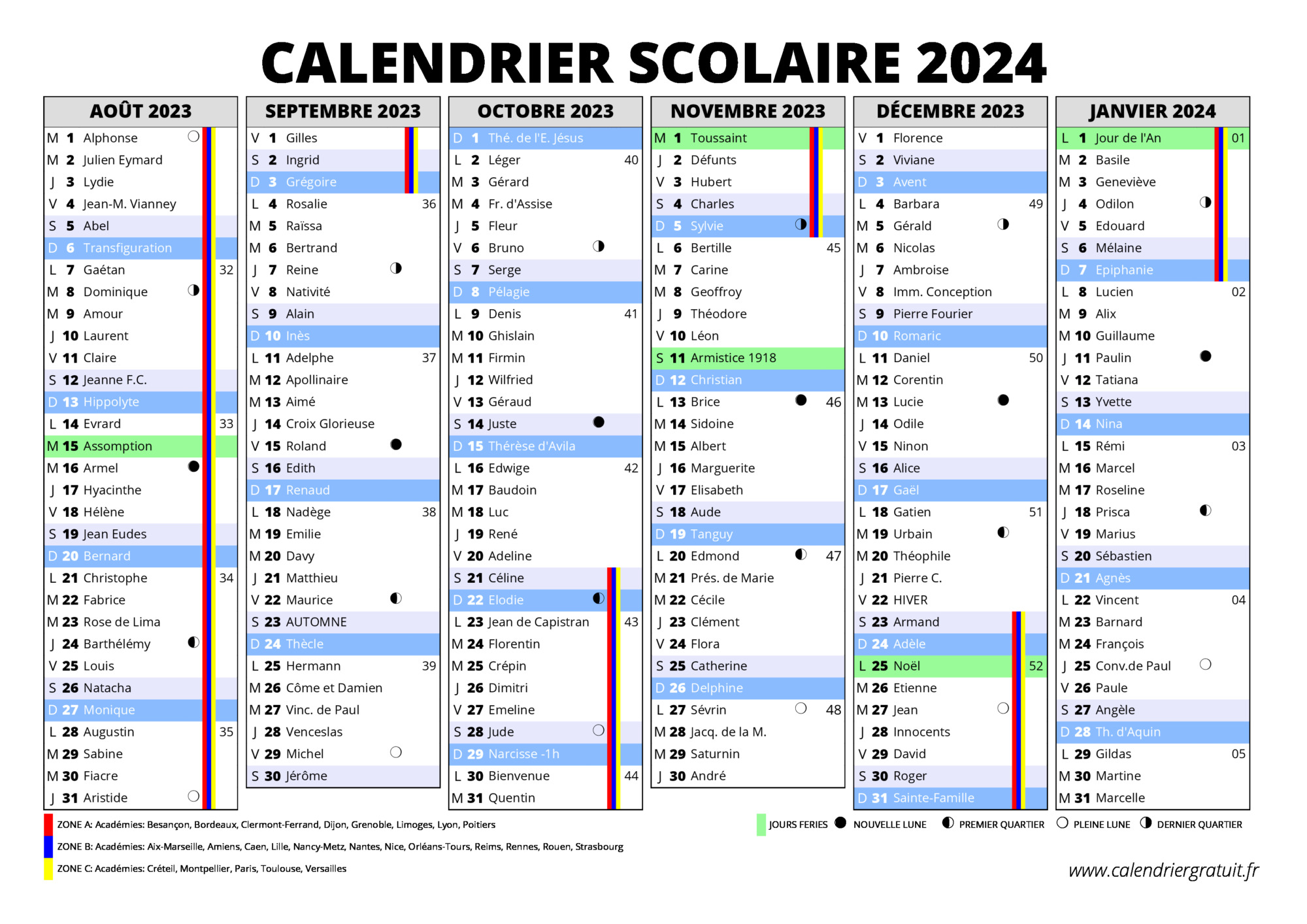 Calendrier 2024 - Calendrier 2023-2024, Sep. 2023 - Liban