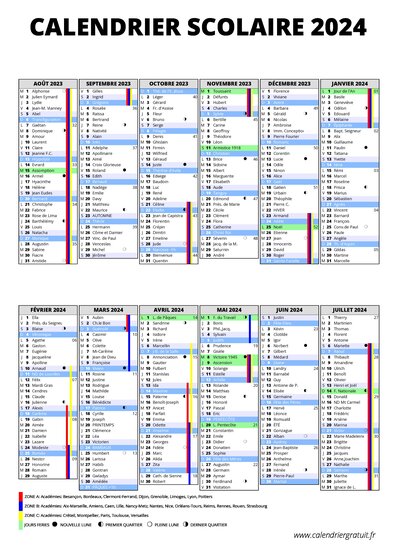 Calendrier scolaire 2023-2024 : vacances des zones A, B et C sur une page à imprimer