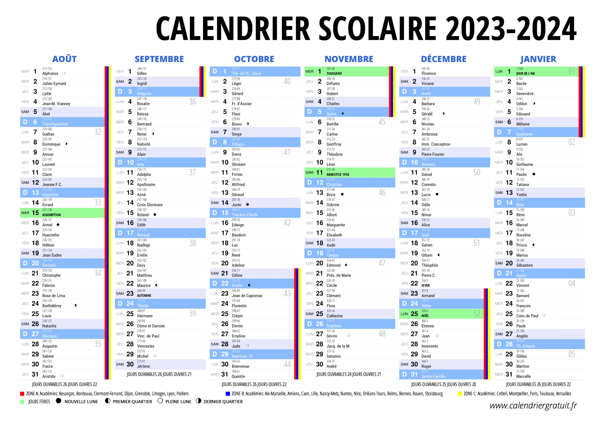 Calendrier Scolaire 2023-2024 - 19x13 cm - Août 2023 À Décembre